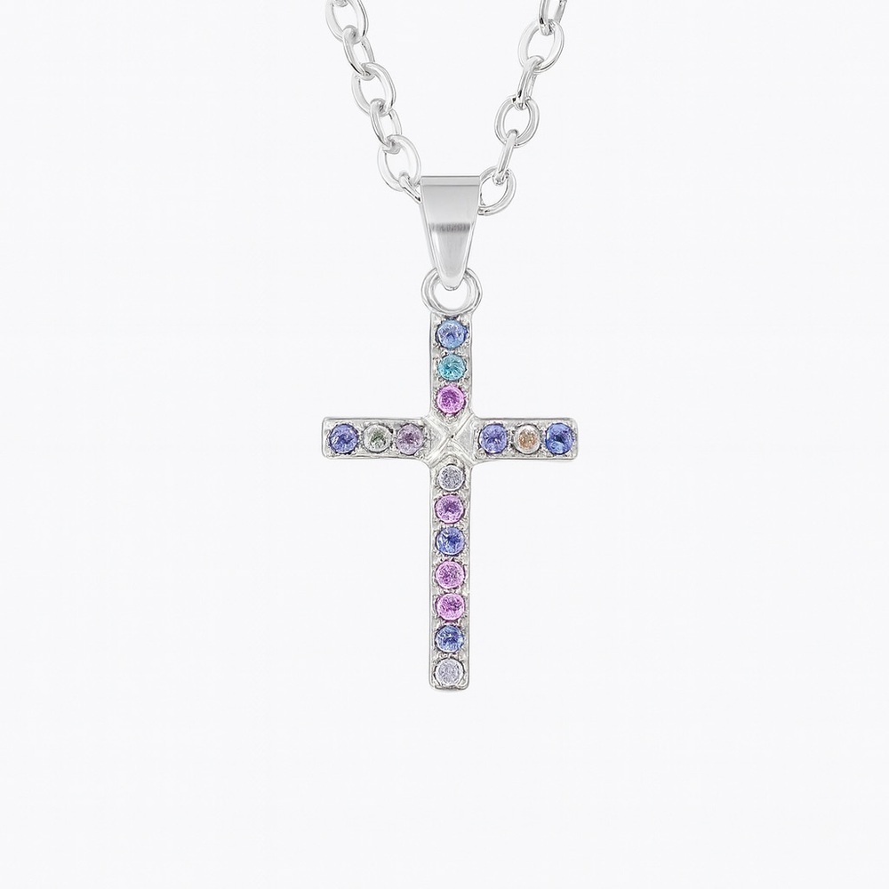 Silver Cross Necklace with Multicolor Gemstones
